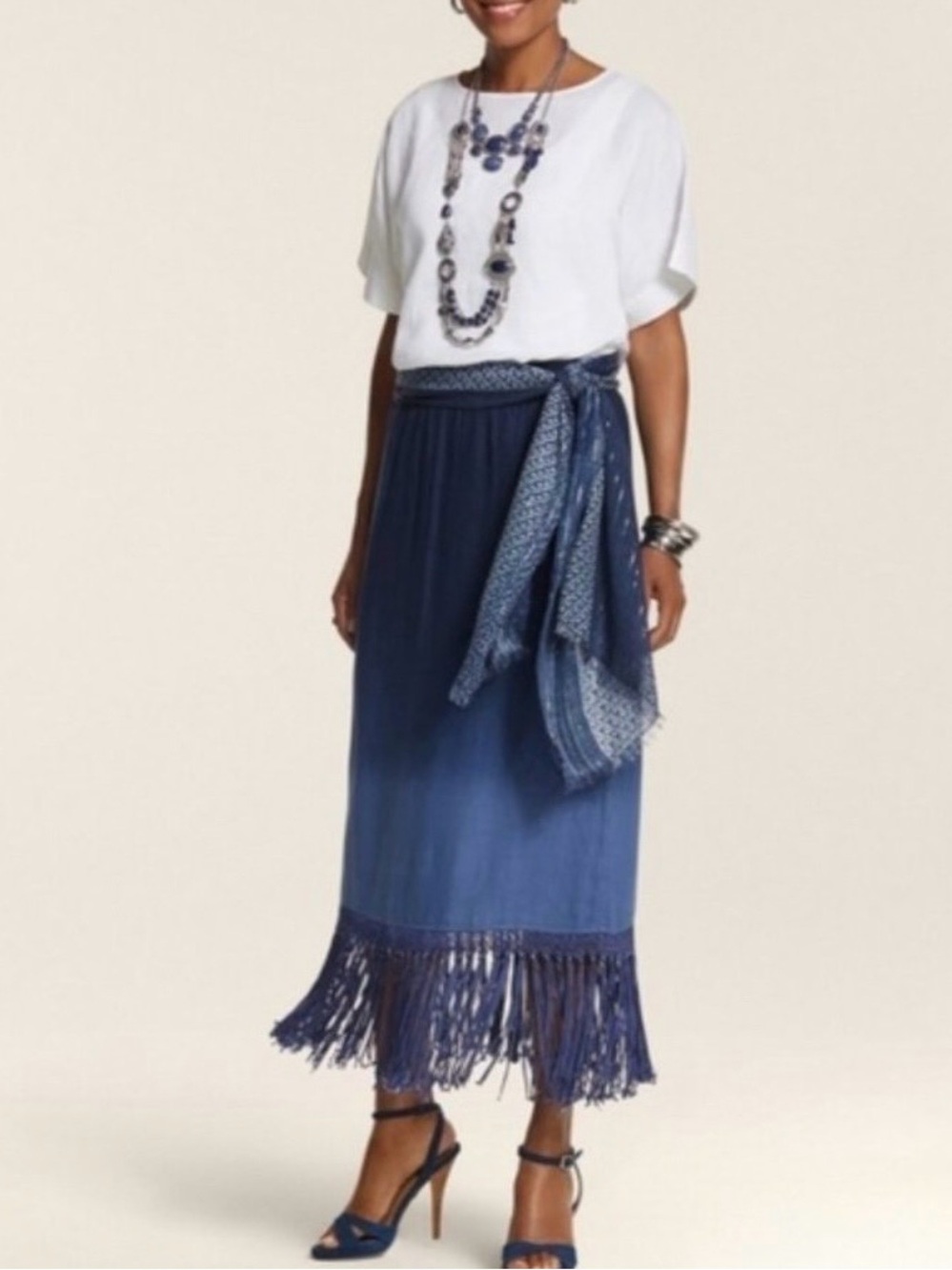 Chico’s Boho Festival Beach Blue Ombre Fringe Francesca linen Pull On Maxi Skirt